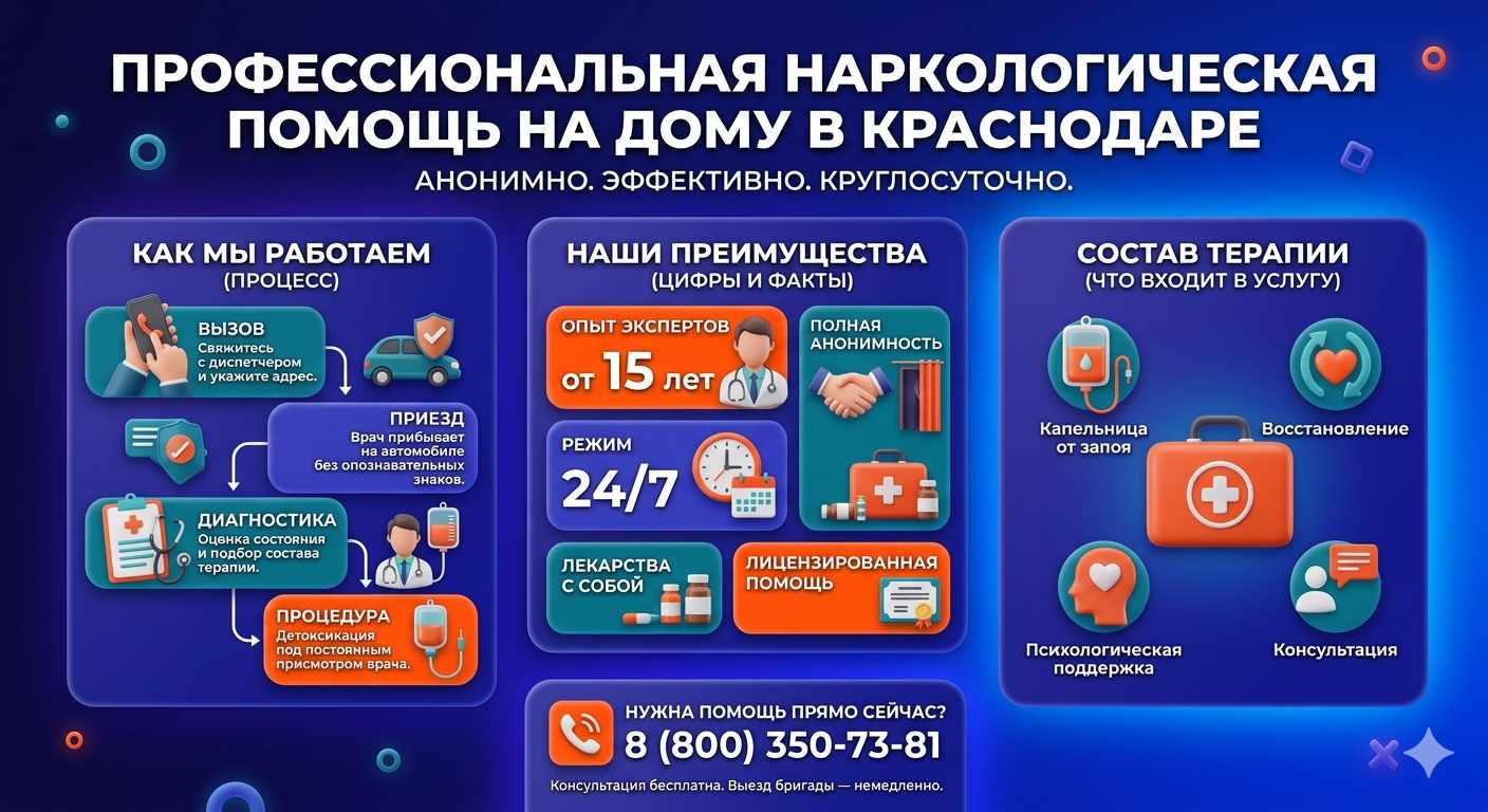 Инфографика о принципах лечения алкоголизма на дому в Пензе: этапы вызова нарколога, преимущества анонимной детоксикации и состав медицинской помощи.